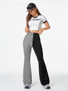 SHEIN EZwear Pantalones anchos de deporte para mujer con estilo callejero fresco, estampado de ajedrez y parches de color