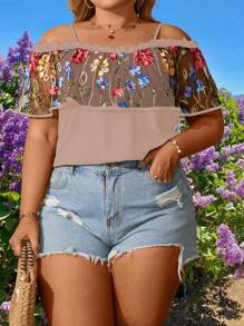 Breezaya Plus Floral Embroidery Cold Shoulder Ruffle Trim Blouse