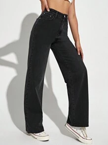 SHEIN Tall 女士日常牛仔直身褲，附有口袋，適合日常穿著和旅行 - 黑色 - 查看 3