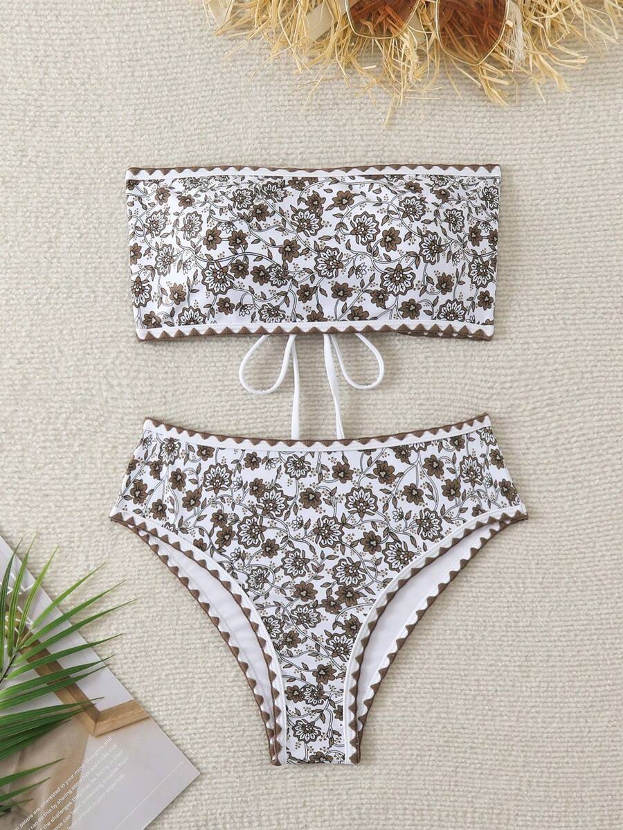 SHEIN Swim 女性夏季海灘花卉印花無肩帶比基尼套裝，隨機印花 - 彩色 - 查看 1