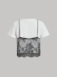 SHEIN MOD T-shirt à manches courtes avec col rond et dentelle blanche estivale (2 en 1)