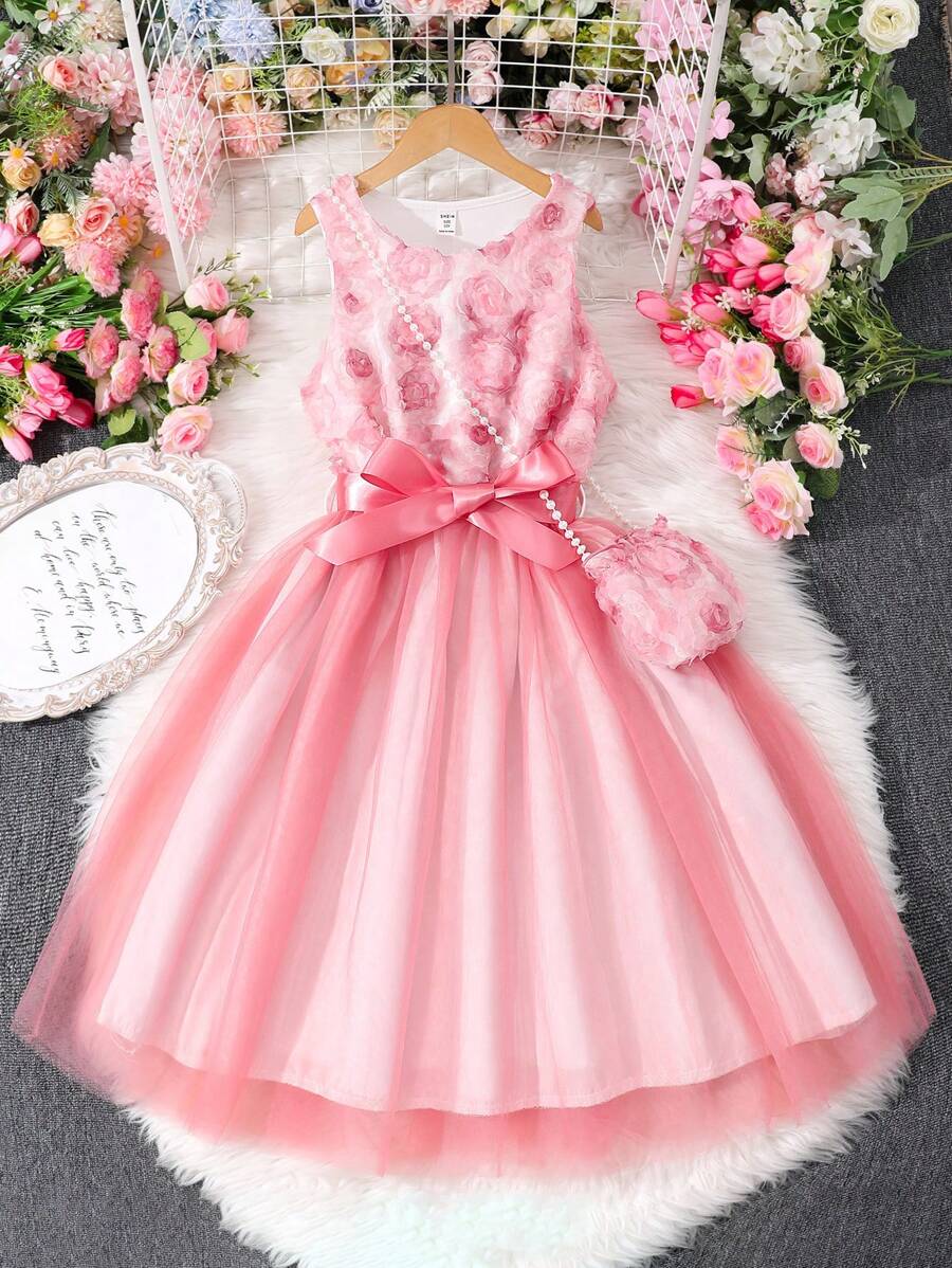 SHEIN Tween Girl Floral ärmlös mesh kontrastklänningset (inklusive väska) - Rosa - Visa 1