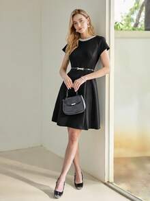 MOTF PREMIUM FAUX PEARL BEADED FOLD PLEATED FITTED WAIST DRESS - Black - View 6