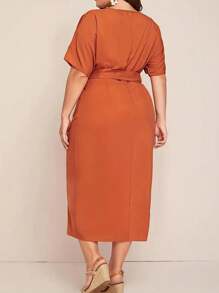 Fashionable Bowknot Tie Round Neck Short Sleeve Plus Size Dress Casual Summer Elegant - Orange - View 2