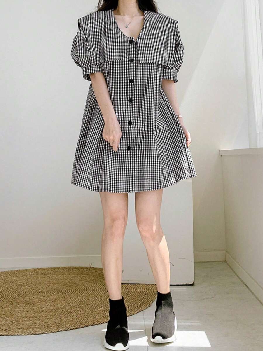 夏季格子寬鬆短袖女裝短裙 - 黑與白 - 查看 1