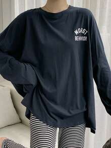 女士休闲字母印花宽松圆领长袖 T 恤 - 藏蓝色 - 查看 5