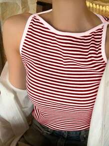 DAZY Top corto de cuello de barco de rayas para mujer, informal de negocios para verano - Rojo y blanco - Ver 1