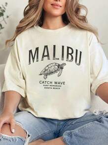 SHEIN EZwear Summer Loose Casual Beach Turtle & Letter Print Oversized T-Shirt - Apricot - View 1