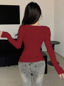 DAZY Lace Splice U-Neck Slim Fit Long Sleeve Women's T-Shirt Going Out Tops,Fall Clothes,Back To School Clothes - Red - View 2