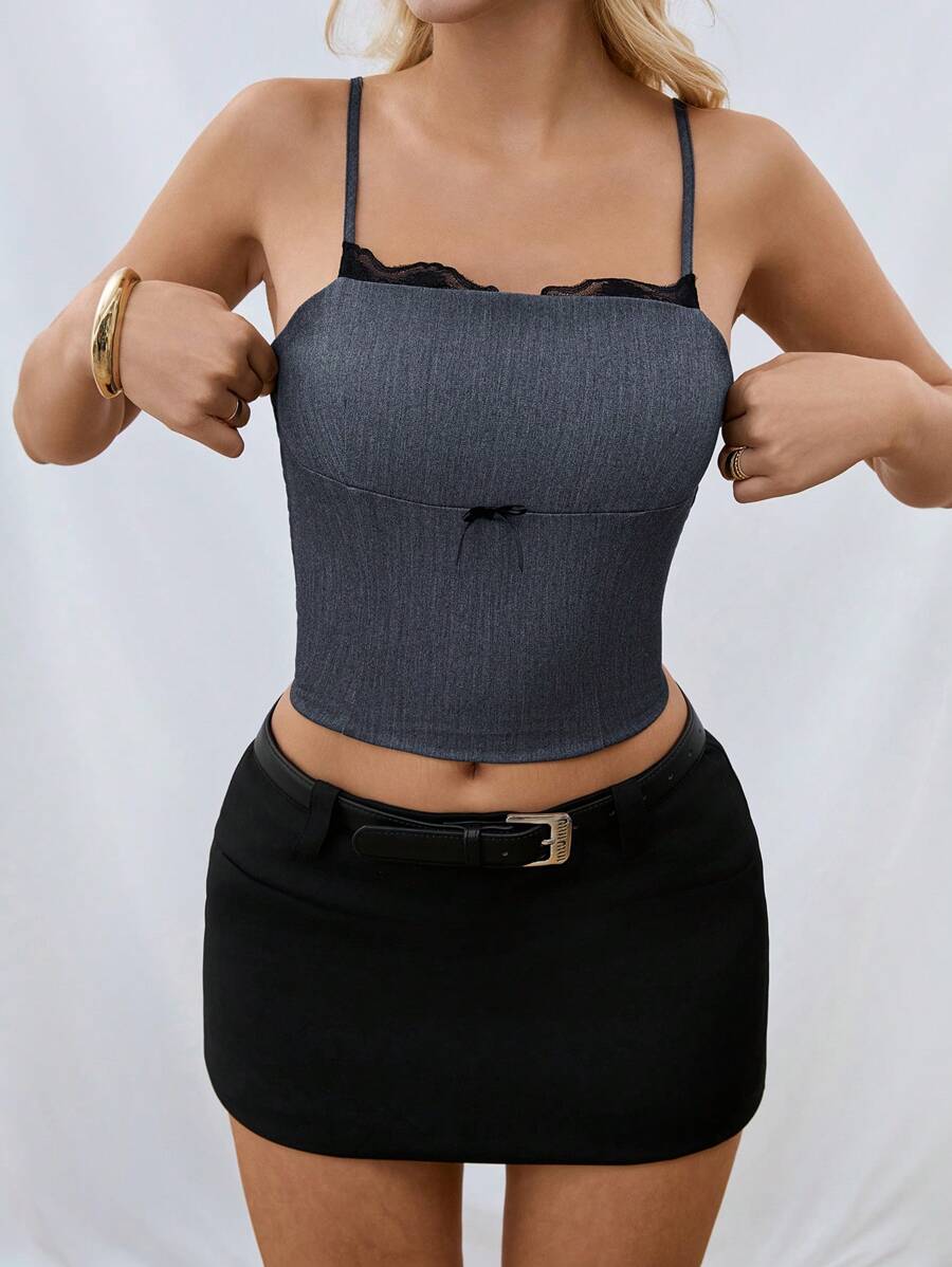 SHEIN Essnce 春/夏修身蕾絲背心，配有蝴蝶結裝飾，極簡性感女士背心 - 灰色 - 查看 1