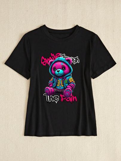 BamGleam Slim-Fit Women's Casual Short Sleeve T-Shirt, Teddy Bear Print, Colorful Drip Artistic Tee, Vibrant Graphic Unisex Abstract Design, Playful Bear Top Graphic Tees Women Tops