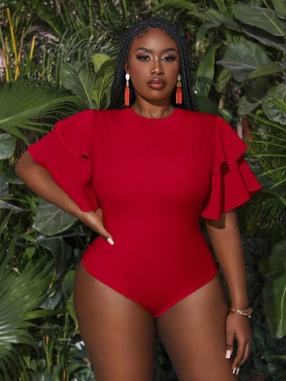 Slaydiva Plus Size Layered Ruffle Sleeve Bodycon Bodysuit