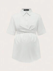 SHEIN Casual Solid Woven Short Sleeve Loose Maternity Shirt With Open Front - White - View 6