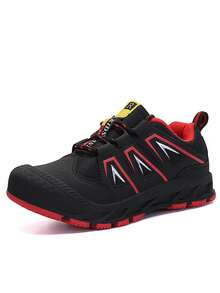 1pair Children's All-Season Climbing Shoes, Rubber Sole Anti-Slip Cap-Toe Trail Running Shoes For Boys, Black & Red - Black - View 4