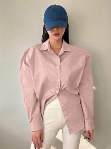 DAZY Kemeja Lengan Panjang dengan Kancing Depan Polos dan Bahu Longgar untuk Pakaian Sehari-hari - Baby Pink - View 4