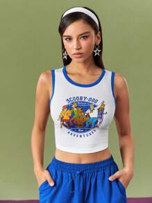 SCOOBY-DOO X SHEIN Women's Summer White Cartoon Football Pattern  Contrast Trim Y2K Workout Crop Tank Top - White - View 3