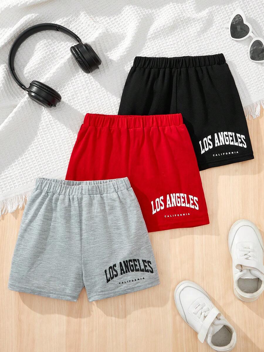 Conjunto de 3 piezas de shorts deportivos tejidos con estampados para chica joven para primavera y verano - Multicolor - Ver 1