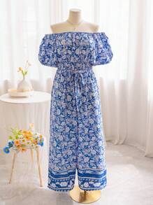 Soleia Resort Style Women's  Printed Off Shoulder Ruffle Hem Top And Wide Leg Long Pants Plus Size 2pcs/Set, Blue-White - Blue and White - View 1