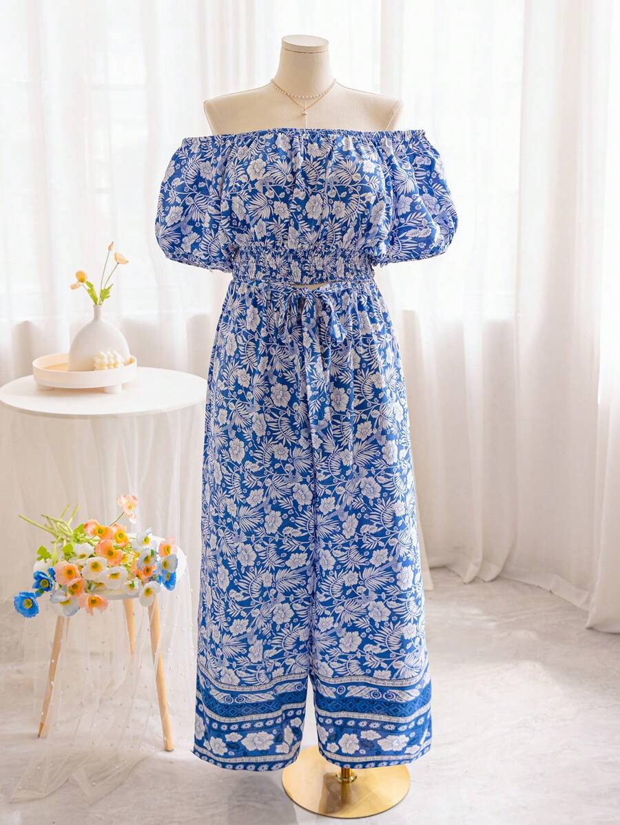 Soleia Resort Style Women's Printed Off Shoulder Ruffle Hem Top And Wide Leg Long Pants Plus Size 2pcs/Set, Blue-White - Blue and White - View 1