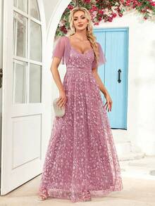 V-Neck Embroidered Lace Bridesmaid Dresses - Dusty Pink - View 4