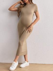 SHEIN Vestido largo para embarazadas con diseño sólido y ceñido al Body, ropa de maternidad sexy para mujeres - Caqui - Ver 6