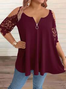 EMERY ROSE Plus Contrast Lace Cold Shoulder Half Zip Tee For Summer - Redwood - View 4