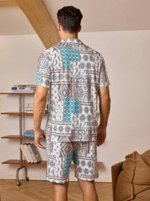 Men Patchwork Print Top & Shorts PJ Set / Pajama Set