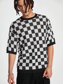 Manfinity EMRG Camiseta de punto para hombres con patrón de damero y hombros caídos