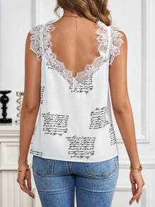 SHEIN Clasi Áo Yếm Nữ Phối Ren In Báo Trắng Đen, Thích Hợp Cho Mọi Dịp - Đen và trắng - Xem 2