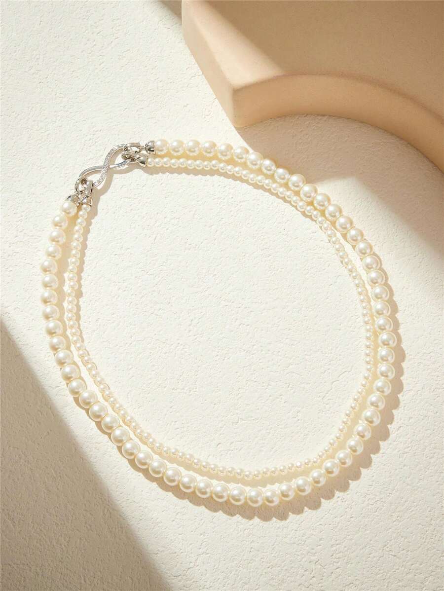 SHEIN Belle 時尚簡約的珠寶雙層項鍊 - 白色 - 查看 1