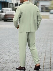 Manfinity Mode Conjunto de traje casual para hombre de talla grande con chaqueta de traje de manga larga con cierre de un solo botón y pantalones de traje con bolsillos en unicolor - Verde - Ver 2