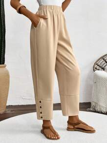 SHEIN LUNE 女士直腳休閒褲，褲腳用按鈕固定 - 卡其色 - 查看 3