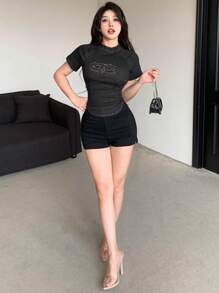 DAZY Solid Mock Neck Raglan Sleeve Denim Top Summer - Black - View 2