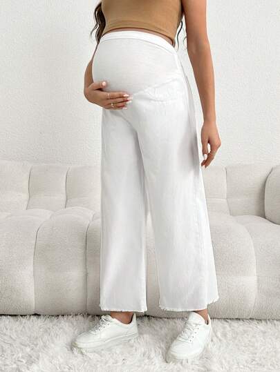 SHEIN Maternity Loose White Denim Pants, Casual Wear With White Waistband, Pregnancy Jeans