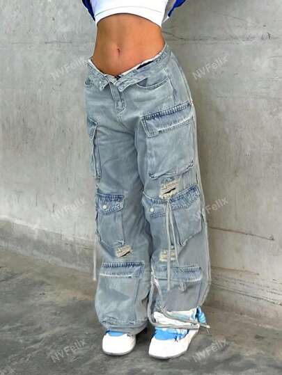 NVFelix Nuevos jeans de pierna ancha y corte holgado con múltiples bolsillos para mujer, ropa de otoño - Ropa de vuelta al colegio