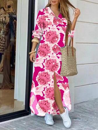 New European And American Style Fashion Loose Long Shirt With Printed Long Sleeves And Turn-Down Collar