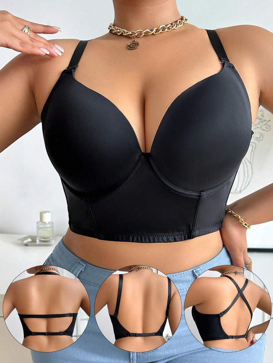 DesireSculpt Sujetador sin espalda con aro, tallas grandes para mujeres, tirantes removibles y copas moldeadas - Negro - Ver 1