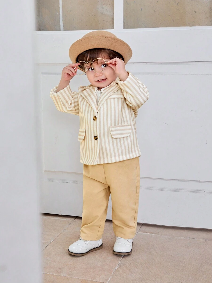 SHEIN 男童優雅條紋紳士西裝3件套，適用於秋冬季節 - 杏色 - 查看 1