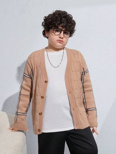 SHEIN Tween Boys' Extended Size Casual College Style Cardigan Knitted Jacket, Fall And Winter