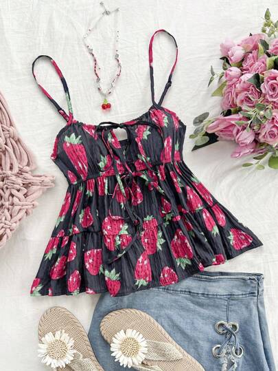 Soleia Camiseta de verano para mujeres con estampado de fresas negras, estilo A-line, atado en la parte delantera del pecho, para vacaciones y tiempo libre en la playa
