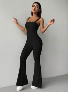 SHEIN EZwear 女性性感露背束縛連身褲，搭配喇叭褲腳，夏季風格 - 黑色 - 查看 6
