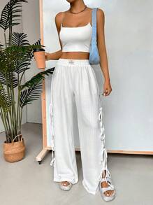 Muchica 女士夏季休閒實色腰帶寬腿褲 - 白色 - 查看 7