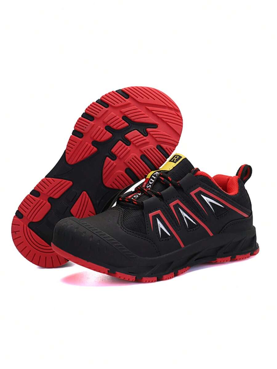 1pair Children's All-Season Climbing Shoes, Rubber Sole Anti-Slip Cap-Toe Trail Running Shoes For Boys, Black & Red - Black - View 1