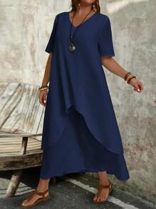 EMERY ROSE Vestido de verano sólido con escote en V para tallas grandes - Azul Marino - Ver 4