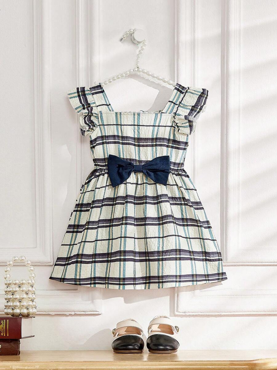 SHEIN 女童优雅格子蝴蝶结饰边荷叶边夏季连衣裙 - 彩色 - 查看 1