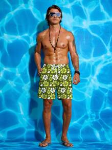 Surfspeed Men's Floral Printed Drawstring Elastic Waist Loose Beach Shorts, Holiday - Olive Green - View 3