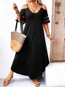EMERY ROSE Plus Size Shoulder Strap Off-Shoulder Short Sleeve Dress Maxi Women Outfit - Black - View 3