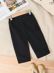SHEIN Baby Boy Casual Solid Color Pants With Pockets And Elastic Waistband, Suitable For Spring And Summer - Black - View 2