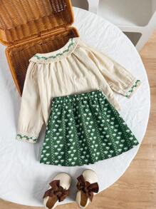 Baby Mädchen elegantes besticktes Hemd mit Kragen und Langarm und bedrucktem Rock Set, passend für Urlaubsleisure und niedliche Ausflüge
