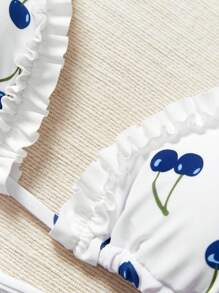 SHEIN Swim Women's Summer Beach Cherry Printed Ruffled Halter Halter Sexy Bikini Set - Blue and White - View 7